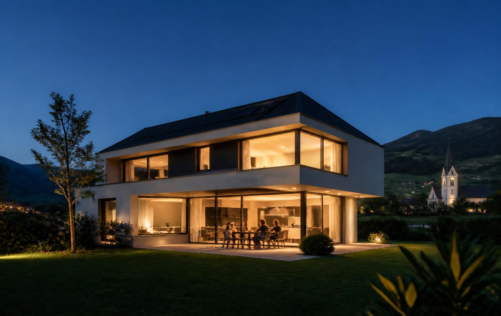 Modernes Einfamilienhaus in einer Schweizer Gemeinde am Abend